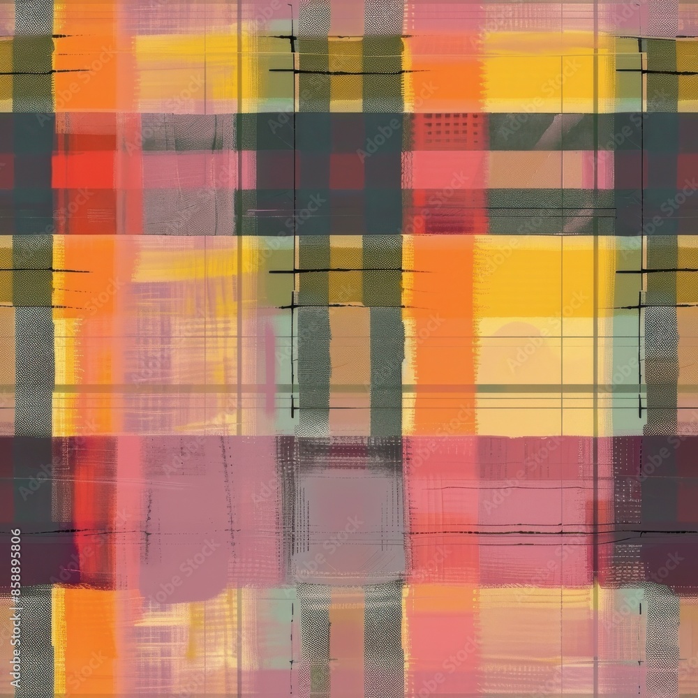 Poster This image features a seamless pattern of overlapping plaid stripes in vibrant yellow, red, and pink hues. The stripes are slightly blurred and faded, creating a soft and textured look. The image can 