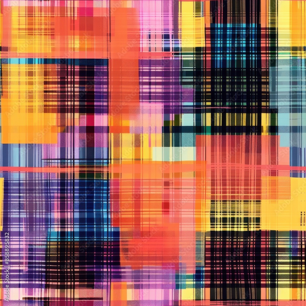 Aufkleber A digital abstract pattern with bright overlapping colored lines forming a plaid design. The dominant colors are yellow, orange, red, pink, blue, and black. The lines are thick and thin, creating a te