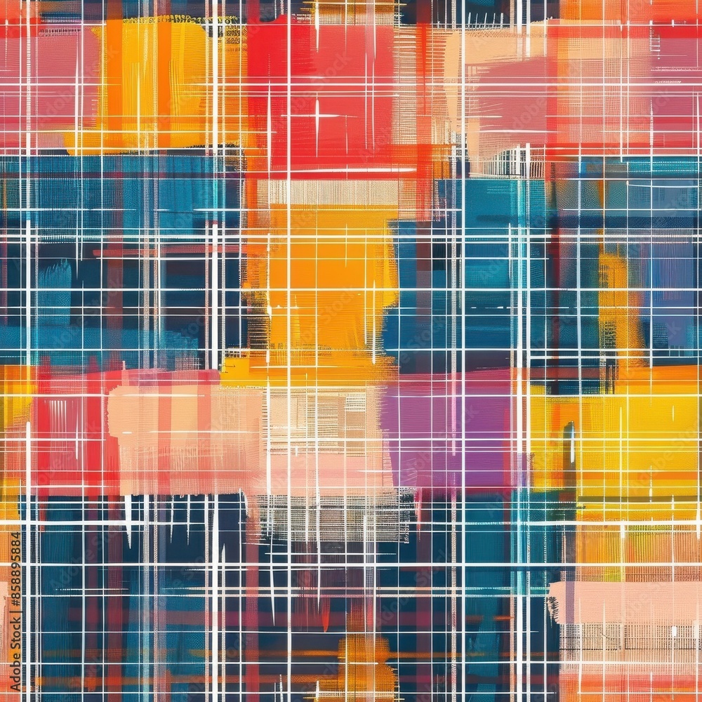 Aufkleber This is a digital illustration featuring a repeating pattern of colorful plaid with brushstrokes. The pattern uses a combination of bright red, orange, yellow, pink, purple, and blue. The checkered pa