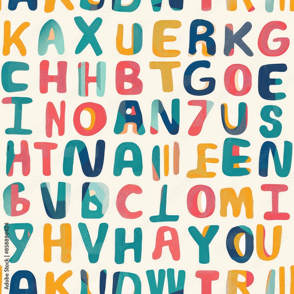 Poster This image features a seamless pattern of colorful letters of the alphabet, arranged in a random order on a light cream background. The letters are hand-drawn and have a textured appearance, giving th