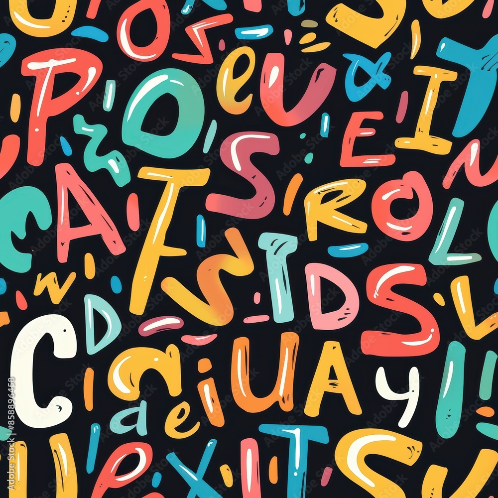 Aufkleber This image features a seamless pattern of colorful, hand-drawn alphabet letters on a black background. The letters are in various sizes and styles, creating a vibrant and playful design. The bold colo