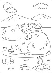cat capybara chilling coloring book page