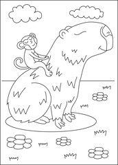 monkey capybara chilling coloring book page