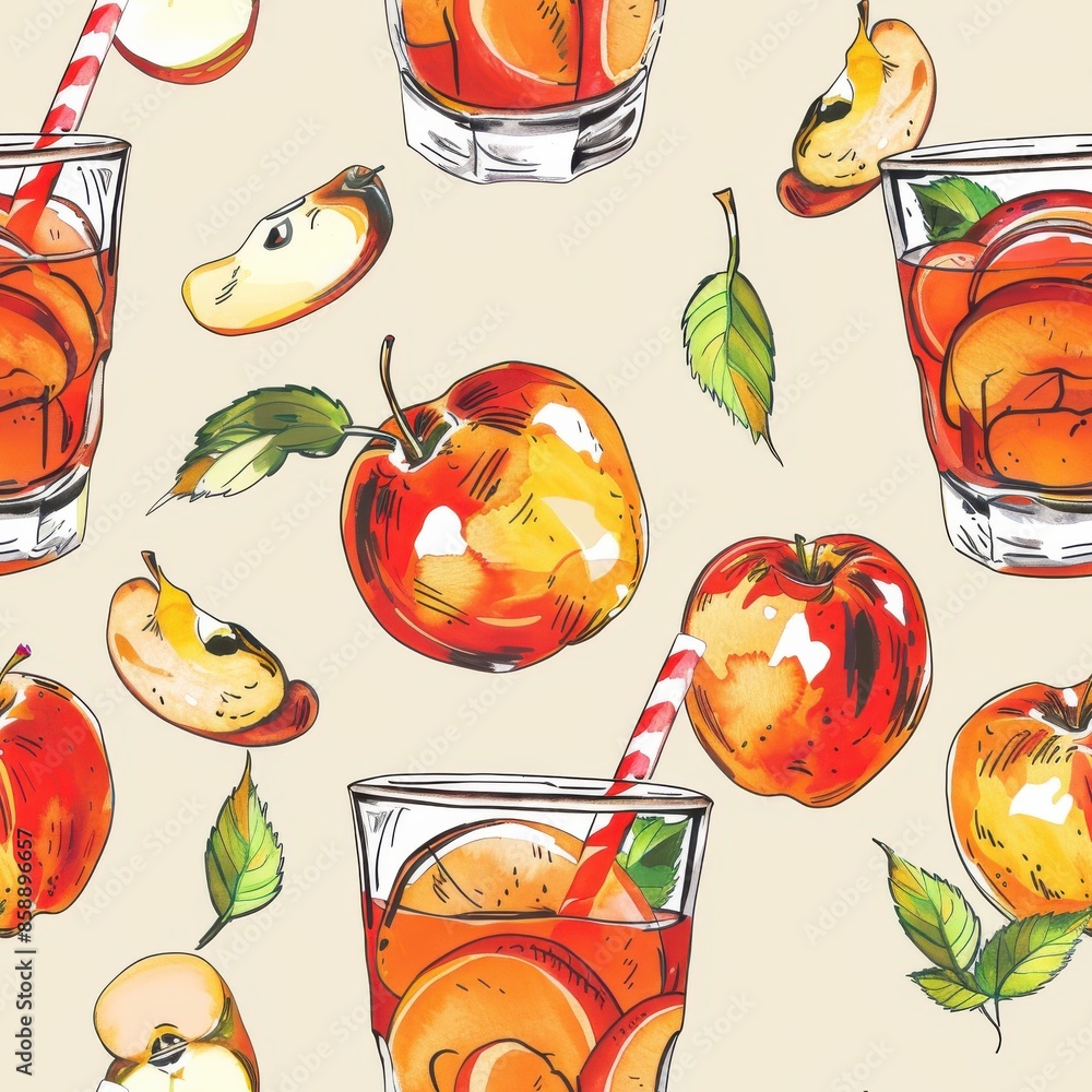 Poster this illustration features a seamless pattern of glasses of apple cider, red apples, and apple slice