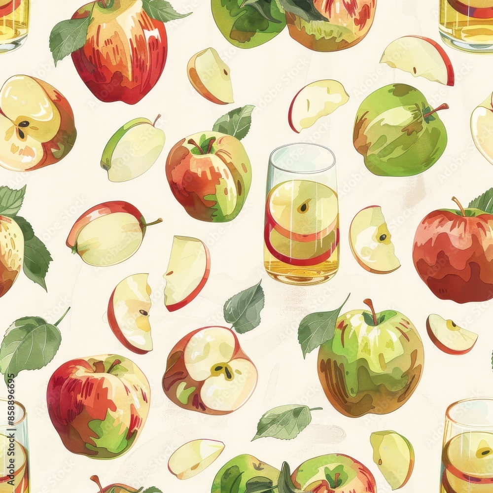 Poster a digital illustration depicting a seamless pattern of fresh, sliced red and green apples, with glas