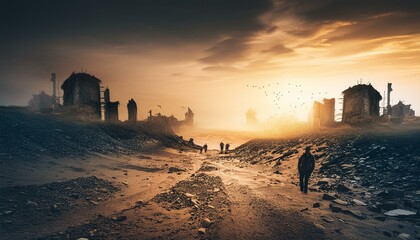 Dystopian Wasteland - A desolate wasteland with ruined buildings, scavengers, and a bleak