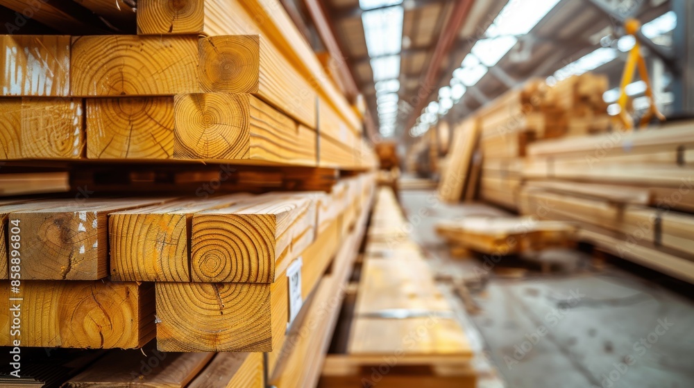 Poster a large pile of wood is stacked in a warehouse. the wood is of different sizes and shapes, and it is