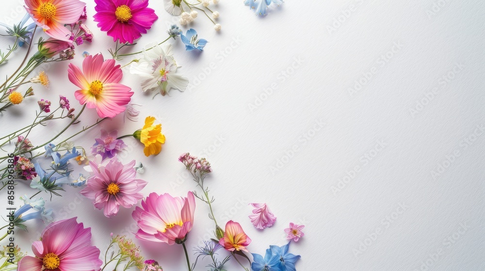 Canvas Prints colorful spring flower inflorescences on white paper background with space for text
