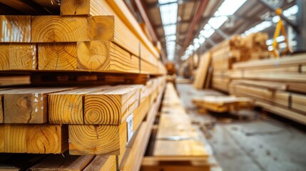 A large pile of wood is stacked in a warehouse. The wood is of different sizes and shapes, and it is freshly cut. The warehouse is filled with the scent of sawdust