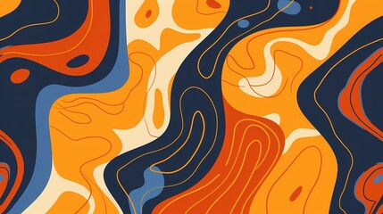 An orange and blue pattern with wavy lines on an orange background, with orange, yellow and cyan colors