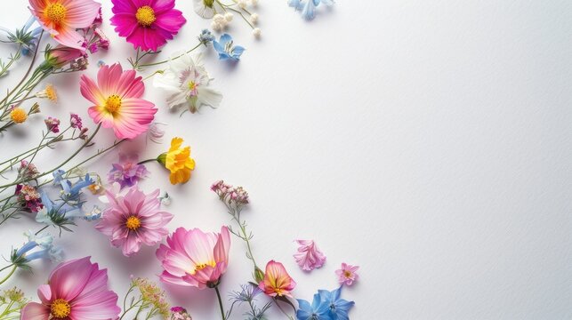 Colorful spring flower inflorescences on white paper background with space for text