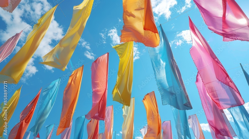 Poster as the wind shifts the banners flap and swirl creating an everchanging display of movement.
