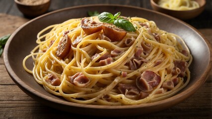 alla carbonara spaghetti in wooden plate
