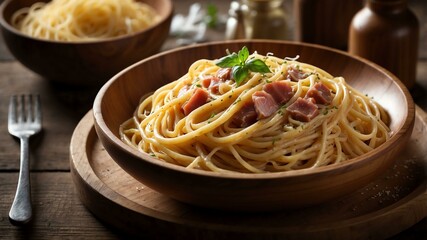 Fototapeta premium alla carbonara spaghetti in wooden plate
