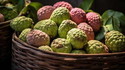 Obraz premium Basket of ripe custard apples in various colors.