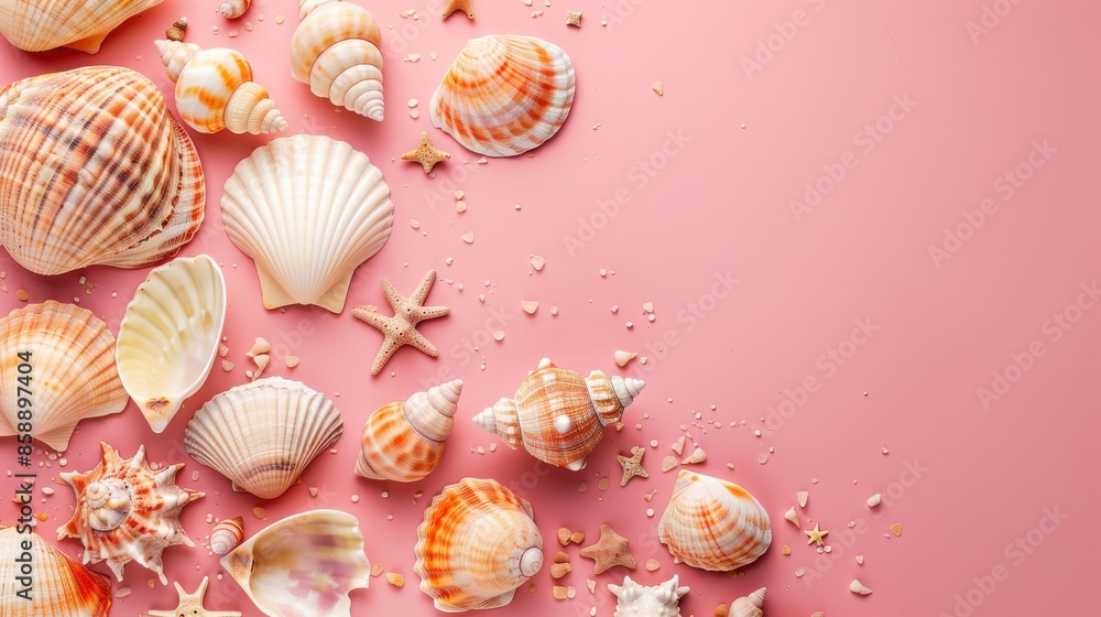 Aufkleber A pink background is adorned with an assortment of seashells and starfish. The seashells are of various sizes and shapes, with some open and others closed. There are also small pieces of sand scattere