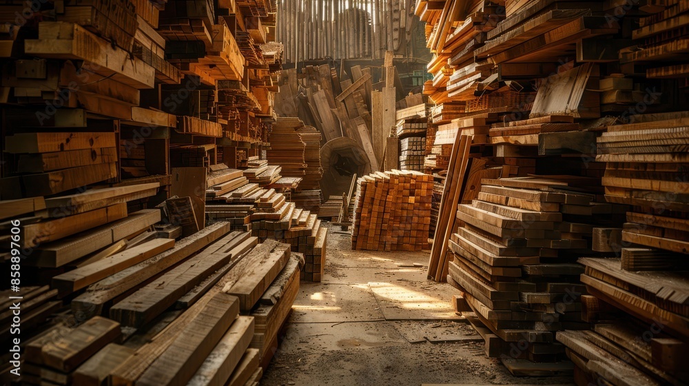 Poster a large pile of wood is stacked in a warehouse. the wood is of different sizes and shapes, and it is