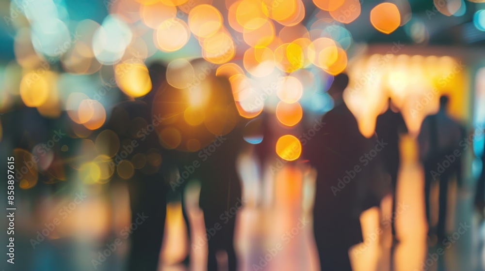Poster a blurry image of a group of people walking down a street. the people are mostly in silhouette, with