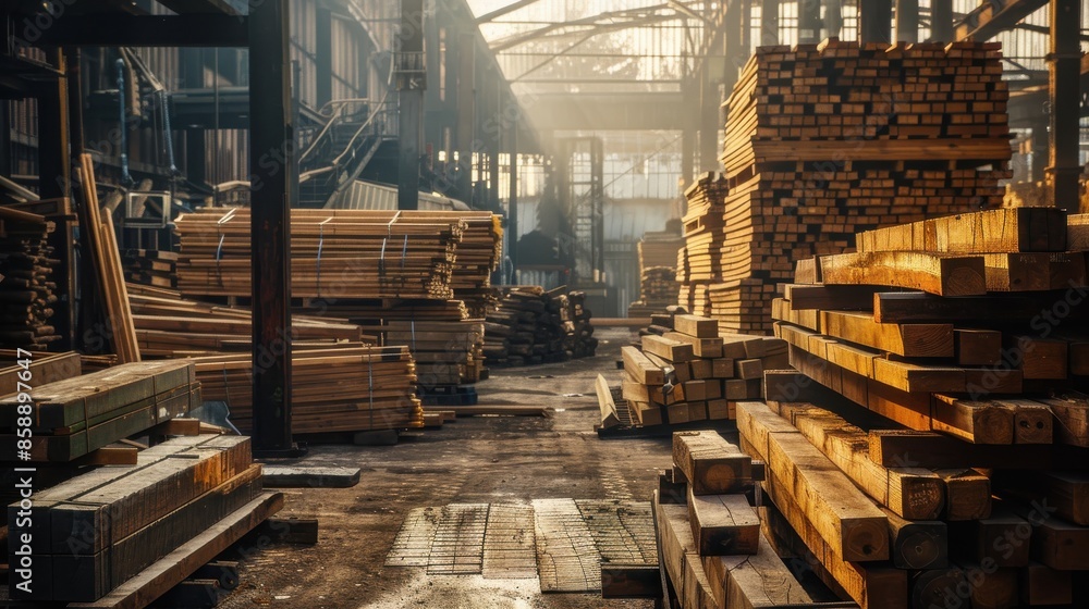 Poster A large pile of wood is stacked in a warehouse. The wood is in various sizes and shapes, and it is in the process of being cut and prepared for use