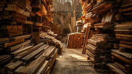 A large pile of wood is stacked in a warehouse. The wood is of different sizes and shapes, and it is in disarray. Scene is chaotic and disorganized, with the wood scattered all over the floor