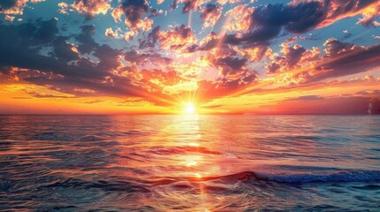 A vibrant sunset paints the sky with hues of orange, pink, and purple as the sun dips below the horizon. Fluffy clouds cast long shadows over the rippling ocean water. The scene is a breathtaking exam