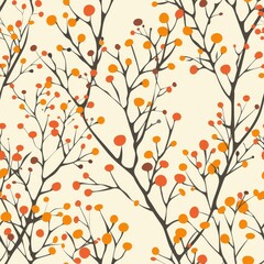 An abstract pattern featuring orange and brown branches with orange and red berries on a white background. The pattern is seamless and can be used for various applications, such as fabric design, wall