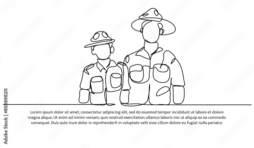 Poster continuous one line design of forest ranger.minimalist style vector illustration on white background
