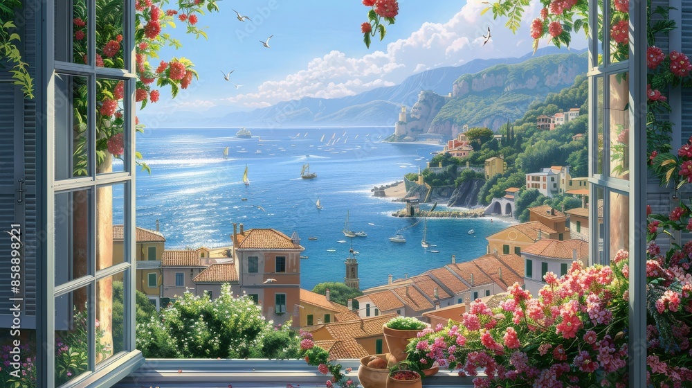 Poster a window view of a city with a beautiful blue ocean in the background. the ocean is filled with boat