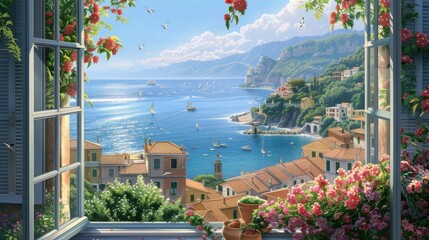 A window view of a city with a beautiful blue ocean in the background. The ocean is filled with boats, and the city is surrounded by mountains. The scene is peaceful and serene