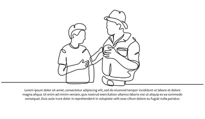 Continuous one line design of forest guard giving directions to student.Minimalist style vector illustration on white background.