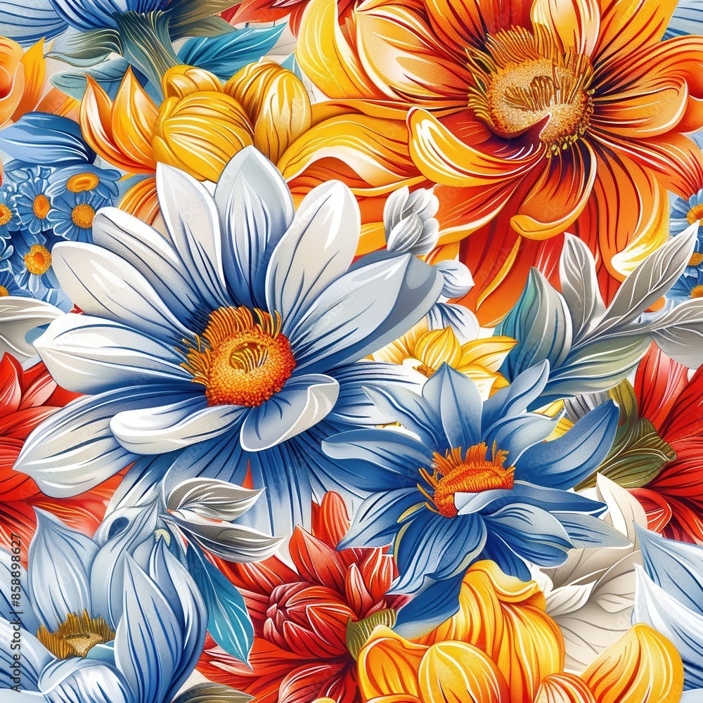 Poster this image showcases a vibrant and intricate floral pattern. the bouquet features a mix of orange, b