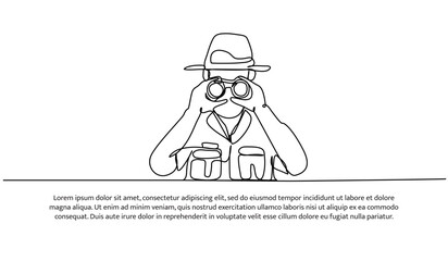 Continuous one line design of forest the forest guard was scouting using a binoculars.Minimalist style vector illustration on white background.