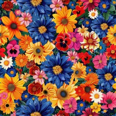 A colorful and cheerful image of a diverse variety of summer flowers in full bloom. The image features sunflowers, daisies, blue blossoms, pansies, and many other flowers in shades of yellow, orange, 