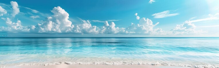 Obraz premium A picturesque scene of a tranquil blue ocean with gentle waves breaking on a pristine white sandy beach. The sky is a clear azure canvas, dotted with fluffy white clouds, creating a breathtaking and i