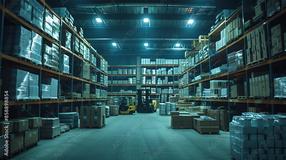 Aufkleber a wide shot of a warehouse with shelves stacked with boxes and a forklift in the middle.