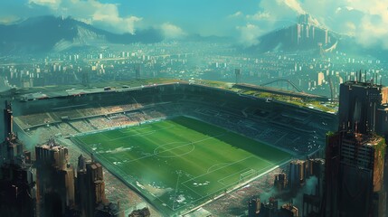 Futuristic city with a stadium in the center, surrounded by towering buildings.