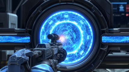 Sci-fi scene of a soldier aiming a high-tech rifle at a glowing blue energy portal, ready for action.