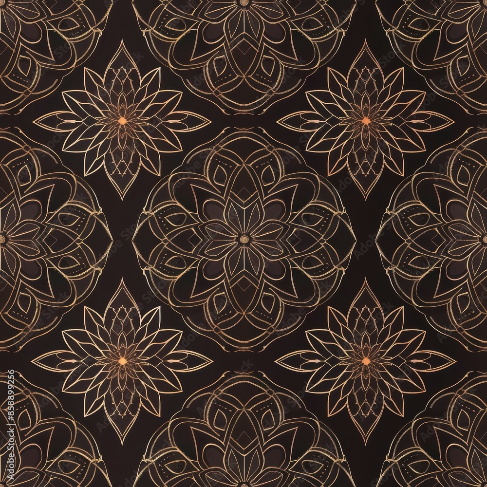 Poster This image features a repeating pattern of intricate gold mandalas on a dark black background. The mandalas have a geometric design and a delicate, intricate look.
