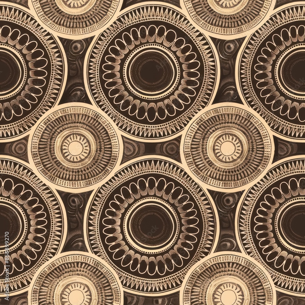 Poster This image showcases a seamless pattern of intricate circles in shades of brown and beige. The circles are arranged in a regular, overlapping pattern, creating a visually captivating design. Each circ