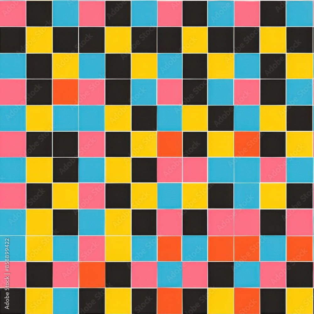Poster A close-up shot of a colorful checkerboard pattern with black, yellow, pink, blue, and orange squares arranged in a repeating pattern. The squares are evenly spaced and create a visually appealing geo
