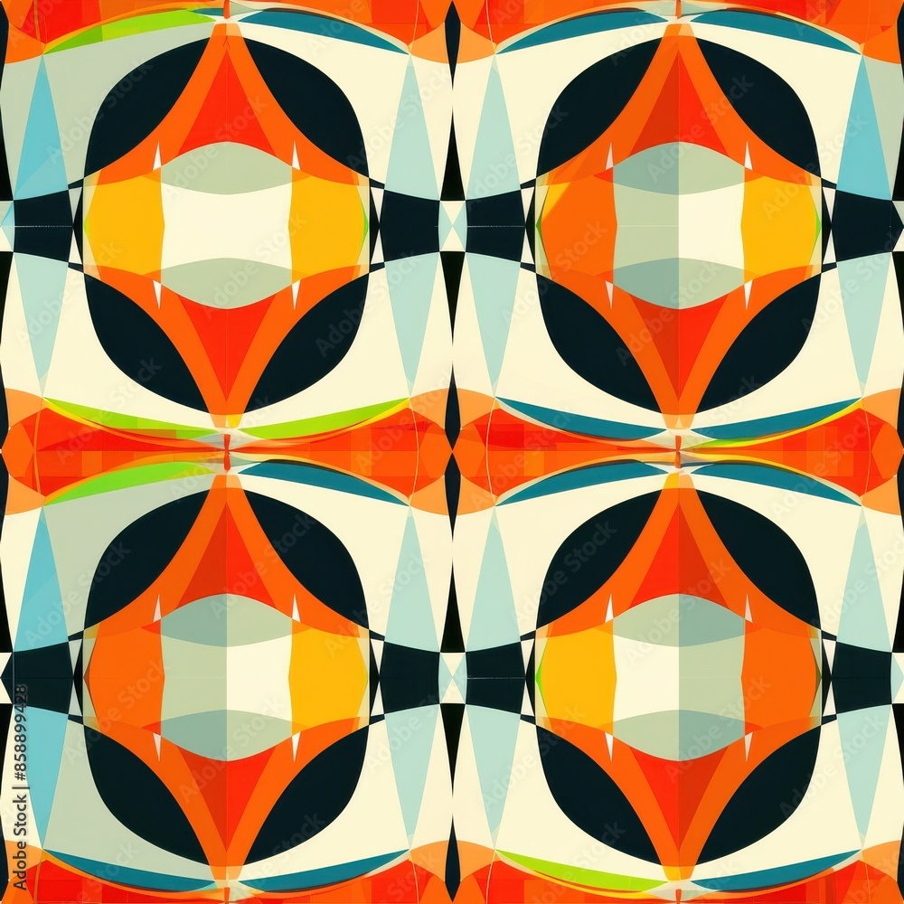 Poster This digital artwork features a repeating pattern of geometric shapes. The primary colors are orange, black, and white, with accents of light blue and yellow. The shapes are arranged in a symmetrical 