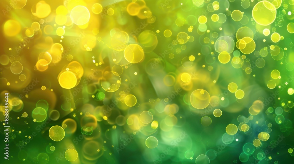 Poster A green background with many small circles of different sizes. The circles are scattered all over the background, creating a sense of movement and energy. Scene is lively and dynamic