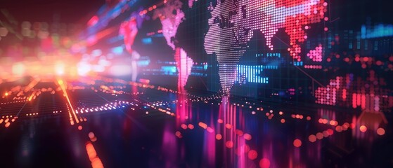 Abstract digital world map with data visualization in vibrant colors, showcasing global networking and technology concept.