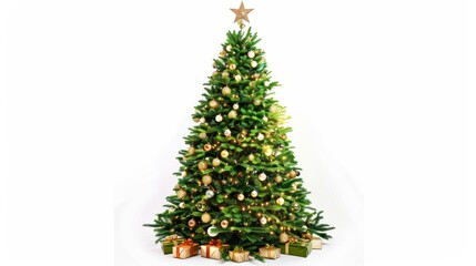 This is a close-up image of a decorated Christmas tree with golden ornaments and lights. The tree is on a white background and there are some wrapped presents at the base of the tree.