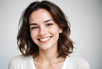 Fototapeta premium Positive smiling woman on white background