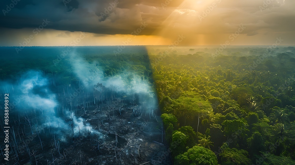 Poster an aerial view of a forest showing both healthy green trees and an area devastated by deforestation,