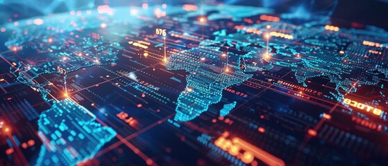 Abstract digital world map with glowing lines and data connections.