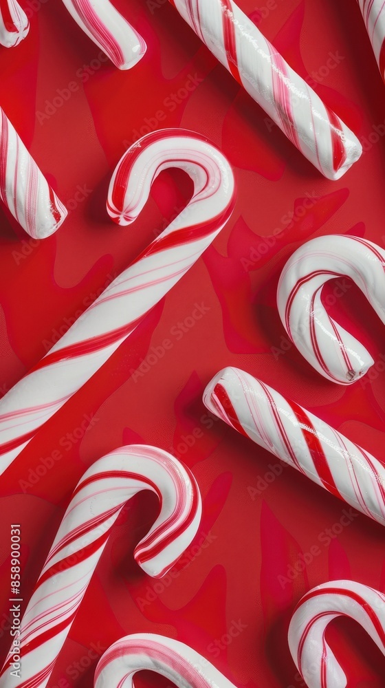 Poster a close-up, overhead view of multiple white and red candy canes arranged on a red background. the ca