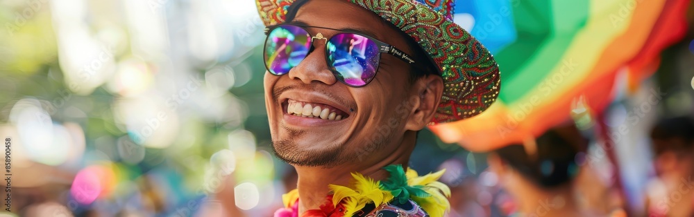 Aufkleber a man wearing a rainbow hat and sunglasses is smiling. he is surrounded by a crowd of people and the