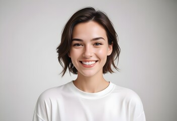 Obraz premium Positive smiling woman on white background